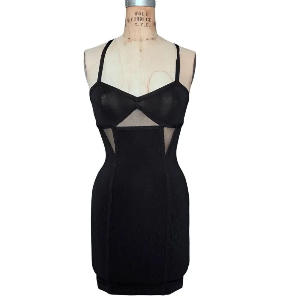 BEBÉ Black Mesh Panel Bodycon Dress
Size Small